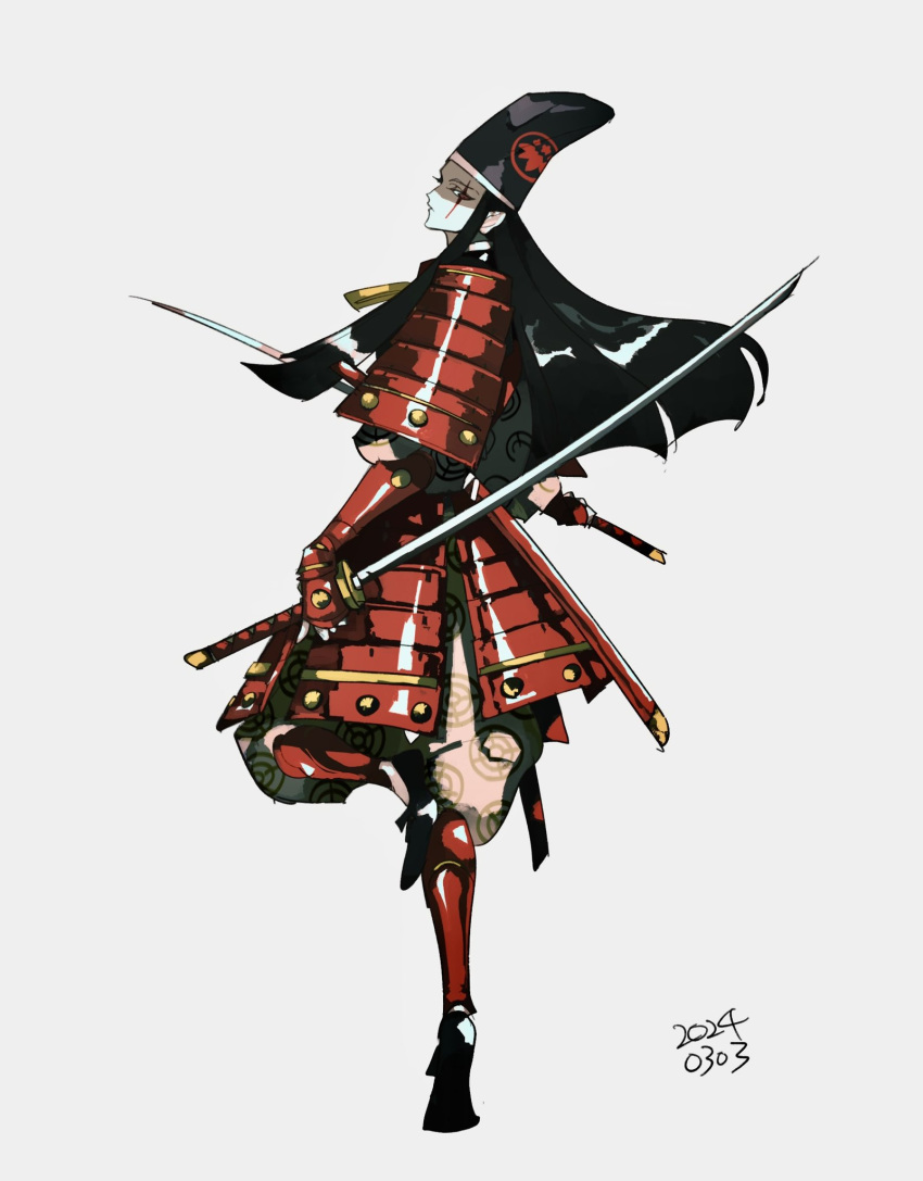 1boy armor black_hair black_hat commentary_request dual_wielding eien12m facial_mark highres holding holding_sword holding_weapon japanese_armor kote kusazuri long_hair male_focus pale_skin red_eyes shin_megami_tensei simple_background solo standing standing_on_one_leg sword weapon white_background yoshitsune_(megami_tensei)