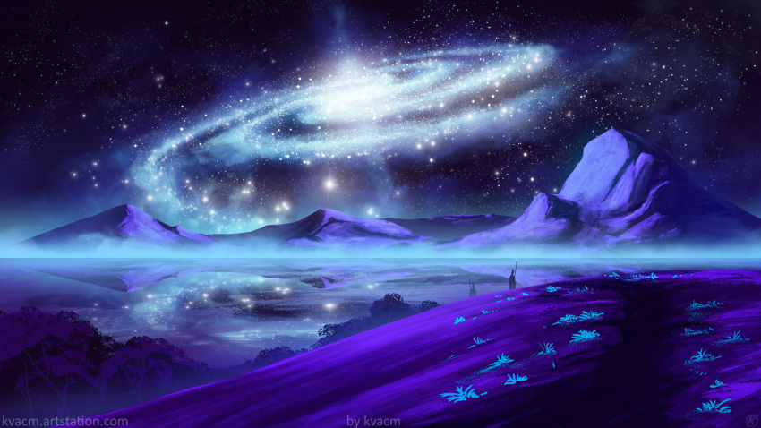 2others artist_name artstation_username commentary english_commentary fog foliage galaxy horizon kvacm lake mountain mountainous_horizon multiple_others nature original purple_theme reflection scenery science_fiction sky space standing star_(sky) starry_sky very_wide_shot web_address