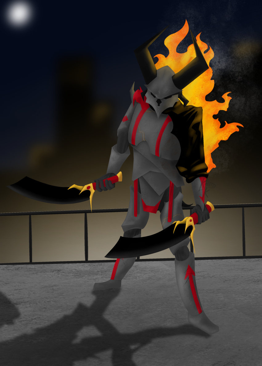 absurd_res competition concept demon dual_wielding fire hi_res holding_object holding_weapon invalid_background knight light melee_weapon moon moonlight raider sky sword warrior weapon