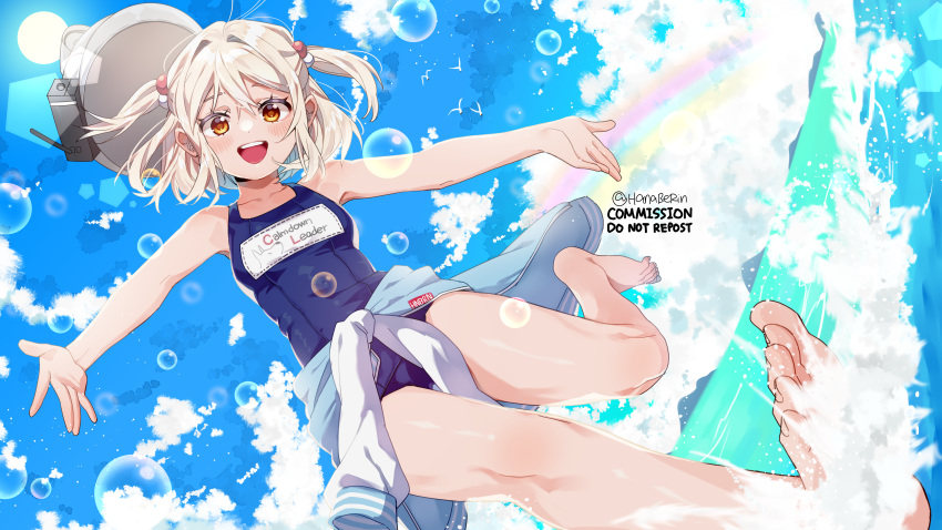 1girl :d absurdres blonde_hair blue_one-piece_swimsuit breasts day goddess_of_victory:_nikke hanaberin hard_hat helmet highres liter_(guardfish)_(nikke) liter_(nikke) ocean official_alternate_costume one-piece_swimsuit open_mouth orange_eyes outdoors rainbow short_hair short_twintails small_breasts smile solo sun swimsuit twintails twitter_username water