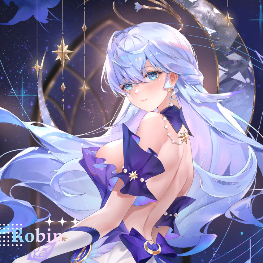 1girl backless_dress backless_outfit bare_back bare_shoulders blue_eyes blue_hair breasts character_name commentary_request dress earrings honkai:_star_rail honkai_(series) jewelry large_breasts long_hair melailai robin_(honkai:_star_rail) solo strapless strapless_dress upper_body very_long_hair