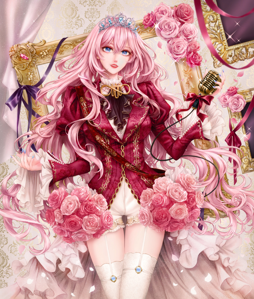 1girl ascot blue_eyes blue_nails bouquet bow flower formal frilled_sleeves frills garter_straps gem gold_trim grin hair_between_eyes highres holding holding_microphone jewelry lipstick long_hair long_sleeves looking_at_viewer makeup megurine_luka microphone mirror parted_lips pink_flower pink_hair pink_rose pink_theme purple_ribbon red_bow red_lips red_ribbon red_shirt ribbon rose sapphirez39 shirt smile solo standing thigh_gap thighhighs tiara very_long_hair vocaloid white_thighhighs wide_sleeves