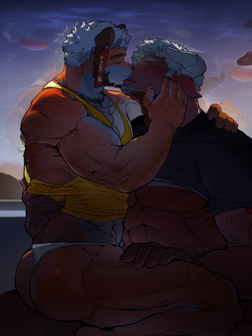2boys abs ass bara beard bikini_briefs blush closed_eyes clothes_lift couple drop_earrings earrings facial_hair from_side full_beard furry furry_with_furry hand_on_another's_cheek hand_on_another's_face highres jewelry kiss large_pectorals male_focus male_underwear me-me_(mouact2) minotaur multiple_boys muscular muscular_male nipples original pectorals shirt_lift short_hair sitting sitting_on_lap sitting_on_person stomach sunset thick_eyebrows underpec underwear veins veiny_arms white_hair yaoi