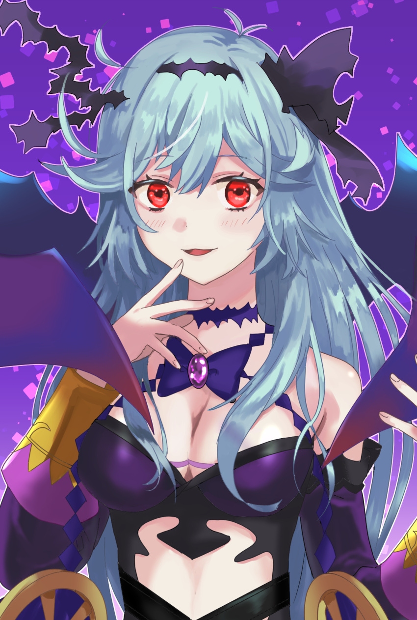 1girl black_ribbon blue_hair blush breasts chaos_aurora_(grimms_notes) cleavage detached_sleeves grimms_notes hair_ribbon highres large_breasts light_blue_hair long_hair looking_at_viewer messy_hair midriff purple_background purple_ribbon red_eyes ribbon smile solo thorns wheel yonohisa