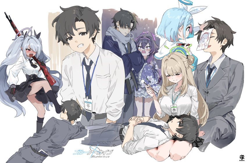 1boy 4girls absurdres arona_(blue_archive) black_eyes black_gloves black_hair black_necktie black_skirt blue_archive blue_archive_the_animation blue_hair blue_halo blush braid breasts closed_eyes closed_mouth collared_shirt colored_inner_hair dohyo123123 floral_print gloves green_halo grey_hair grey_halo grey_pants grey_scarf grin gun hair_between_eyes hair_over_one_eye halo haruka_(blue_archive) haruka_(new_year)_(blue_archive) highres holding holding_gun holding_weapon id_card iori_(blue_archive) japanese_clothes kimono large_breasts light_brown_hair long_hair long_sleeves medium_breasts multicolored_hair multiple_girls multiple_views necktie nonomi_(blue_archive) nose_bubble open_mouth pants pink_hair pleated_skirt print_kimono purple_eyes purple_hair purple_halo purple_kimono red_eyes scarf sensei_(blue_archive) sensei_(blue_archive_the_animation) shirt short_hair single_braid skirt sleeping small_breasts smile suit twintails weapon white_shirt wide_sleeves