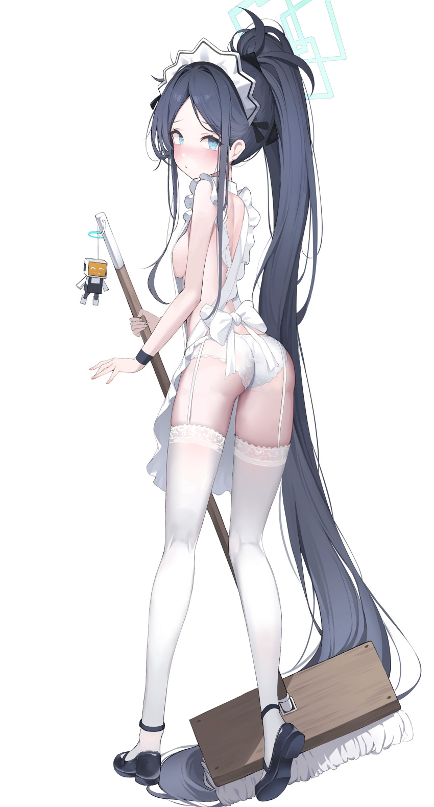 &lt;key&gt;_(robot)_(blue_archive) 1girl absurdly_long_hair absurdres adapted_costume ahr_tato apron aris_(blue_archive) aris_(maid)_(blue_archive) ass black_footwear black_hair blue_archive blue_eyes blush breasts closed_mouth embarrassed forehead frilled_apron frills from_behind garter_straps halo high_side_ponytail highres holding holding_mop lace lace-trimmed_thighhighs lace_panties long_hair maid_apron maid_headdress mary_janes mop nearly_naked_apron panties parted_bangs shoes sideboob simple_background small_breasts solo standing thighhighs thighs underwear very_long_hair white_apron white_background white_panties white_thighhighs wrist_cuffs