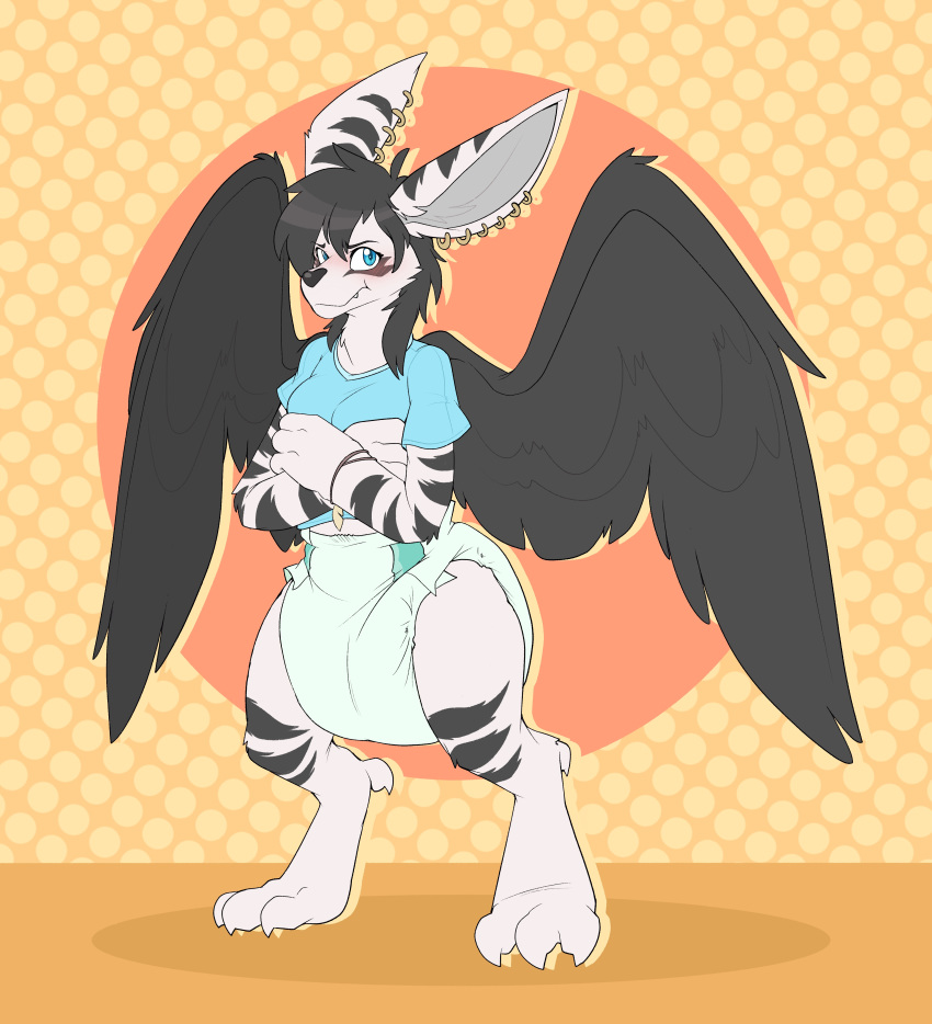 absurd_res anthro blush claws crossed_arms cuddlehooves demon diaper digitigrade ear_piercing ear_ring embarrassed feathered_wings feathers feet female fur hi_res long_ears piercing pouting ring_piercing sakido_elexion slightly_damned solo standing striped_body striped_fur stripes wings