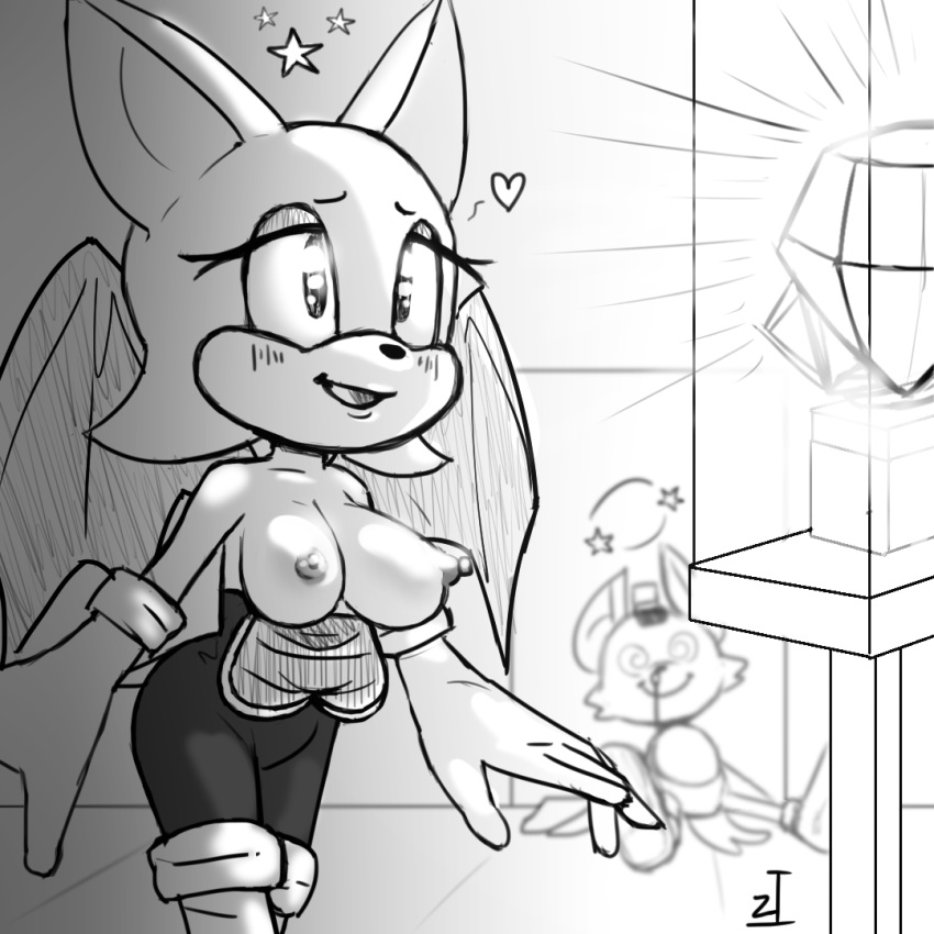 anthro bat big_breasts blush boots breasts clothing clothing_aside clothing_down curvy_figure exposed_breasts female footwear gem gloves handwear heart_symbol jewelry male mammal nipples rouge_the_bat security security_guard sega smile sonic_the_hedgehog_(series) sparkles sparkling_eyes thief unknown_species voluptuous walking wings zeusinvert