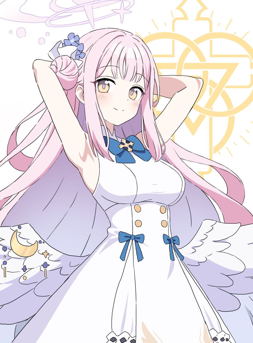 1girl angel_wings armpits blue_archive blush breasts closed_mouth dress feathered_wings flower hair_bun hair_flower hair_ornament halo highres kousuke0912 long_hair looking_at_viewer medium_breasts mika_(blue_archive) pink_hair pink_halo purple_flower single_side_bun smile solo white_dress white_wings wings yellow_eyes