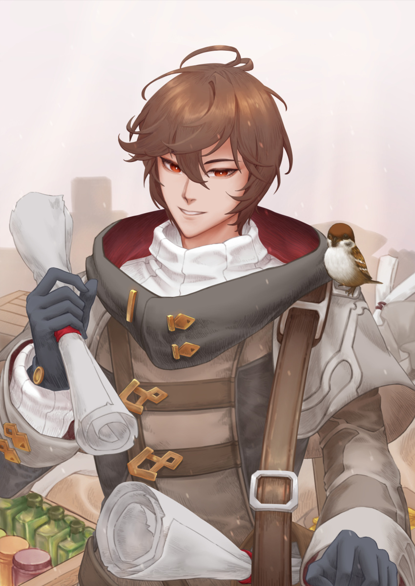 1boy absurdres ahoge belt bird bishounen bottle box brown_hair commentary commentary_request gloves granblue_fantasy highbaby highres holding holding_scroll jar layered_sleeves light_smile long_sleeves looking_at_viewer male_focus messy_hair official_alternate_costume red_eyes sandalphon_(granblue_fantasy) scroll short_hair solo_focus sparrow sweater turtleneck turtleneck_sweater white_sweater