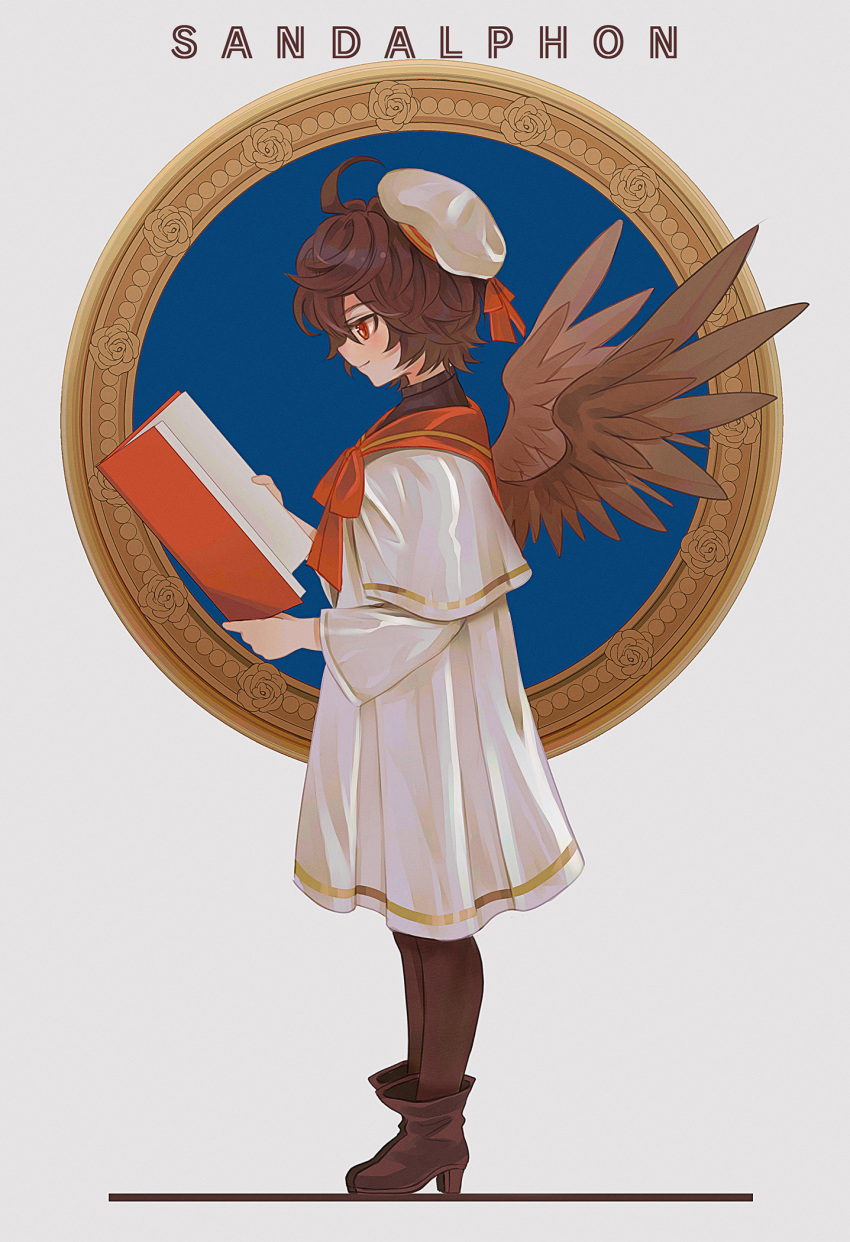 1boy aged_down ahoge beret book boots brown_hair brown_wings commentary commentary_request crossdressing dress english_text feathered_wings full_body granblue_fantasy hair_between_eyes hat high_heel_boots high_heels highres holding holding_book kakaki_28 light_smile looking_at_another male_focus messy_hair open_book oversized_clothes pantyhose reading red_eyes sailor_collar sailor_dress sandalphon_(granblue_fantasy) short_hair wide_sleeves wings