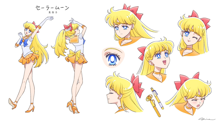 1girl aino_minako back_bow bishoujo_senshi_sailor_moon blonde_hair blue_eyes bow choker circlet crystal_change_rod earrings elbow_gloves gloves hair_bow high_heels highres jewelry long_hair magical_girl orange_choker orange_footwear orange_sailor_collar orange_skirt red_bow sailor_collar sailor_senshi_uniform sailor_venus sidney_deng skirt smile solo white_gloves