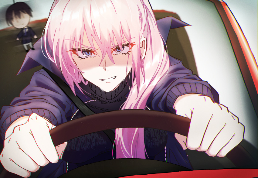 1girl absurdres ariari blue_eyes clenched_teeth driving hair_over_shoulder highres kawaii_dake_ja_nai_shikimori-san long_hair pink_hair purple_sweater shikimori_(kawaii_dake_ja_nai) solo steering_wheel sweat sweater teeth