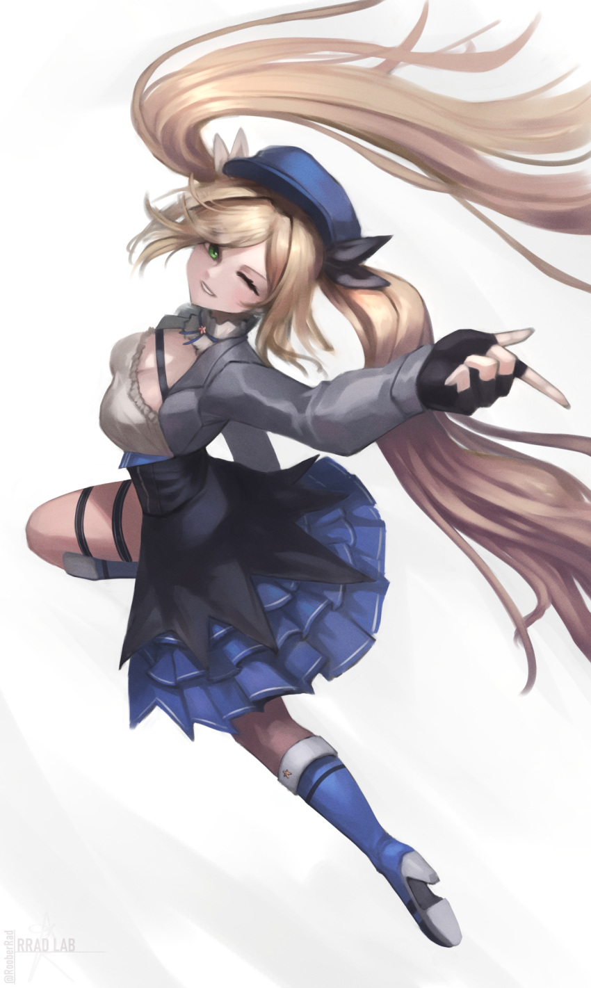 1girl black_gloves blonde_hair blue_footwear blue_hat blue_skirt boots breasts cleavage cropped_jacket dokibird_(vtuber) fingerless_gloves gloves grey_jacket hat high_heel_boots high_heels highres indie_virtual_youtuber jacket knee_boots looking_at_viewer making-of_available medium_breasts one_eye_closed open_clothes open_jacket roober shirt simple_background skirt smile solo twintails twitter_username virtual_youtuber white_background white_shirt