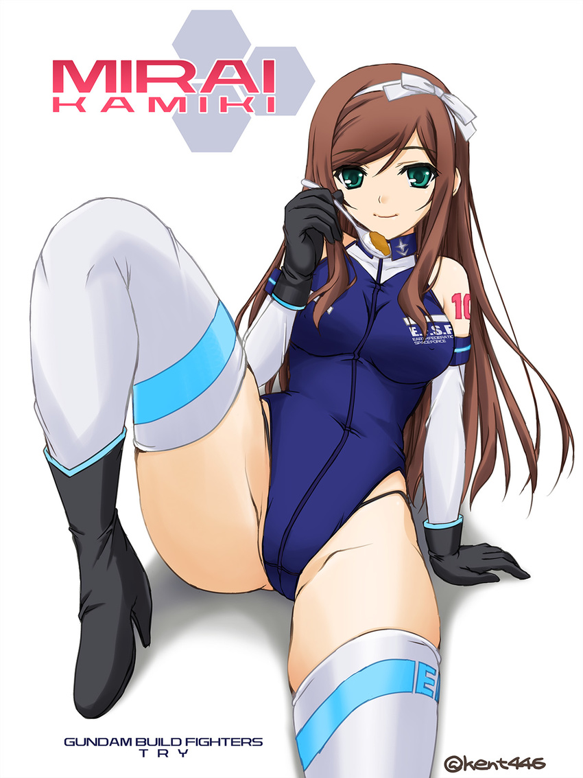 ankle_boots bare_shoulders black_footwear blue_leotard boots breasts brown_hair character_name copyright_name detached_sleeves elbow_gloves food gloves green_eyes gundam gundam_build_fighters gundam_build_fighters_try hairband halterneck high_heel_boots high_heels highleg highleg_leotard highres kamiki_mirai leotard long_hair medium_breasts ribbon sitting smile solo spoon spread_legs thighhighs yoshimura_kentaro