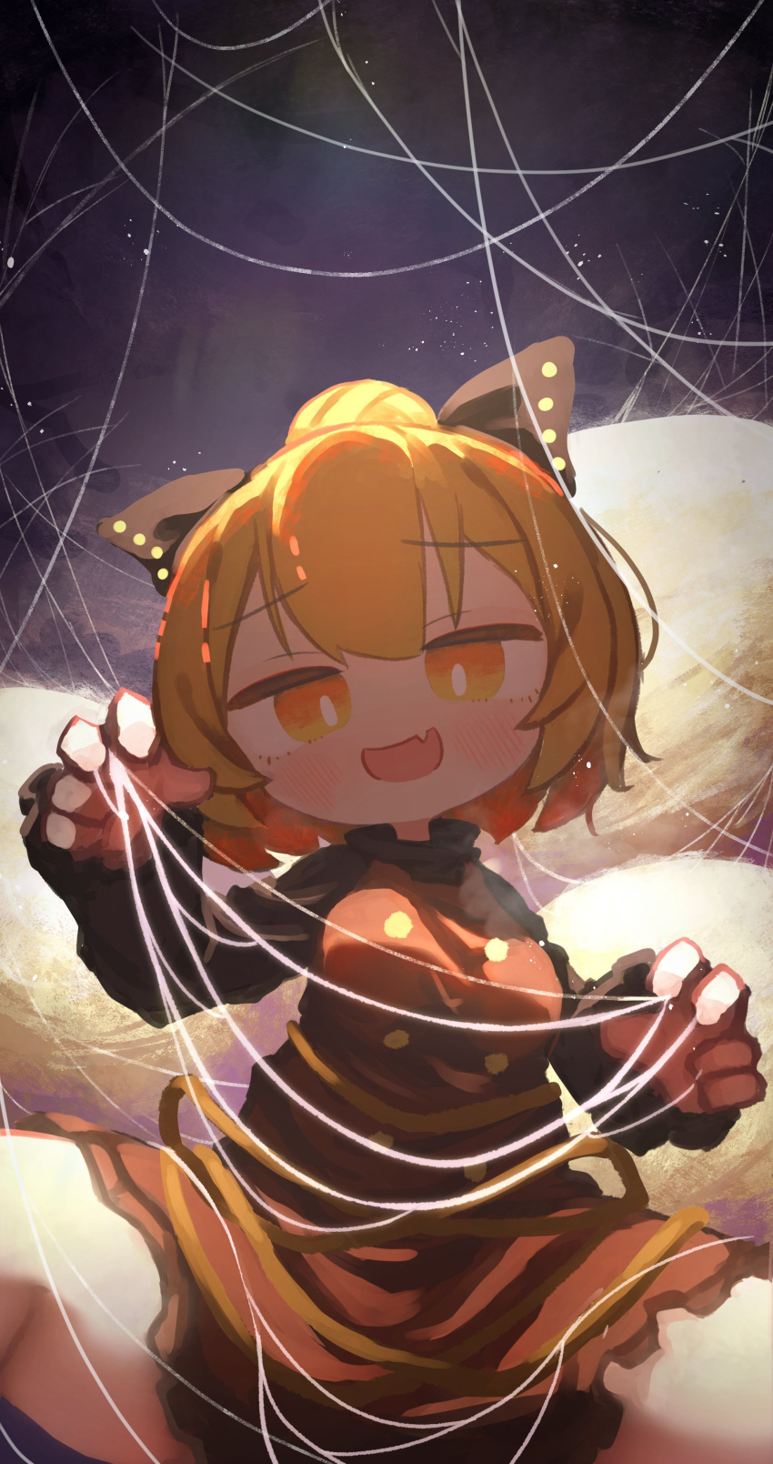 1girl absurdres black_bow blonde_hair blush bow bright_pupils brown_dress chii_(tsumami_tsumamare) commentary dress fang hair_bow highres kurodani_yamame long_sleeves looking_at_viewer open_mouth short_hair silk skin_fang solo spider_web symbol-only_commentary touhou white_pupils yellow_eyes