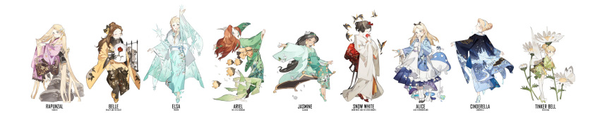 6+girls absurdly_long_hair absurdres air_bubble aladdin_(disney) alice_(alice_in_wonderland) alice_in_wonderland animal apple apron aqua_dress aqua_footwear aqua_hairband aqua_kimono aqua_sash ariel_(disney) arm_up asa_no_ha_(pattern) back barefoot beads beast_(disney) beauty_and_the_beast belle_(disney) bird biting black_choker black_dress black_footwear black_gloves black_hair black_hairband black_kimono black_ribbon black_sash black_socks blonde_hair blooming blue_dress blue_kimono blue_ribbon blue_string bouquet bow braid brown_hair bubble bug butterfly carpet castle character_name choker cinderella cinderella_(disney) cityscape closed_eyes closed_mouth clover collar commentary company_connection copyright_name covering_own_mouth dandelion dandelion_clock dandelion_seed disney disney_fairies_(film_series) disney_princess dress earrings elsa_(frozen) english_commentary facing_to_the_side fairy fairy_wings falling_feathers falling_petals feathers fence fins fish flats floral_print floral_print_kimono flower food food_bite frilled_apron frilled_collar frills from_behind frozen_(disney) fruit full_body fur_collar glass_container glass_slipper gloves gradient_dress gradient_kimono green_dress green_hairband green_kimono green_tail grey_eyes grey_flower hair_between_eyes hair_bun hair_flower hair_lift hair_ornament hair_over_shoulder hair_ribbon hairband hakama hakama_skirt half-closed_eyes hand_in_own_hair hand_up hands_in_hair hands_up haori heart hexagon high_heels highres holding holding_flower holding_food holding_fruit holding_hair holding_key horns ice jacket japanese_clothes jar jasmine_(disney) jewelry kanagawa_okinami_ura key keyring kimono leaning_back leaning_forward legs_together light_blush long_hair long_skirt long_sleeves looking_at_viewer looking_back magic_carpet maid_apron mermaid messy_hair mini_person minigirl monster_girl multicolored_ribbon multiple_girls mushroom night night_sky obi obiage obijime ocean open_mouth orange_hakama over-kneehighs pantyhose parted_bangs petals peter_pan_(disney) pink_kimono plant pleated_skirt princess print_kimono purple_dress purple_kimono purple_trim rapunzel_(disney) red_apple red_bow red_flower red_footwear red_rose ribbon ribbon_shoes riding road rock rose rose_petals sash seaweed see-through shell shell_hair_ornament short_dress short_hair short_kimono side_ponytail sidelocks single_braid single_hair_bun sitting skirt sky smile snow_white snow_white_(disney) snow_white_and_the_seven_dwarfs snowflake_hair_ornament snowflake_print snowflakes socks spiked_shell standing standing_on_one_leg star_(sky) star_(symbol) starshadowmagician string surgeonfish tabi tag tangled the_little_mermaid thighhighs tinker_bell_(disney) toes town tropical_fish two-tone_dress two-tone_kimono very_long_hair waves white_apron white_background white_butterfly white_flower white_kimono white_pantyhose white_petals white_rose white_sash white_socks white_string white_trim wide_image wide_sleeves wings yellow_dress yellow_flower yellow_footwear yellow_ribbon yellow_sash yellow_trim yukata