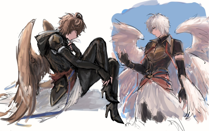 2boys ahoge armor bishounen blue_eyes boots brown_hair brown_wings cape cereu57 closed_eyes cowboy_shot elbow_gloves english_commentary expressionless feathered_wings feathers from_side gloves granblue_fantasy high_heel_boots high_heels highres hood hood_down kissing_object knees_up lucifer_(shingeki_no_bahamut) male_focus messy_hair multiple_boys multiple_wings red_ribbon ribbon sandalphon_(granblue_fantasy) short_hair sitting sketch turtleneck unfinished white_cape white_feathers white_hair white_wings wings