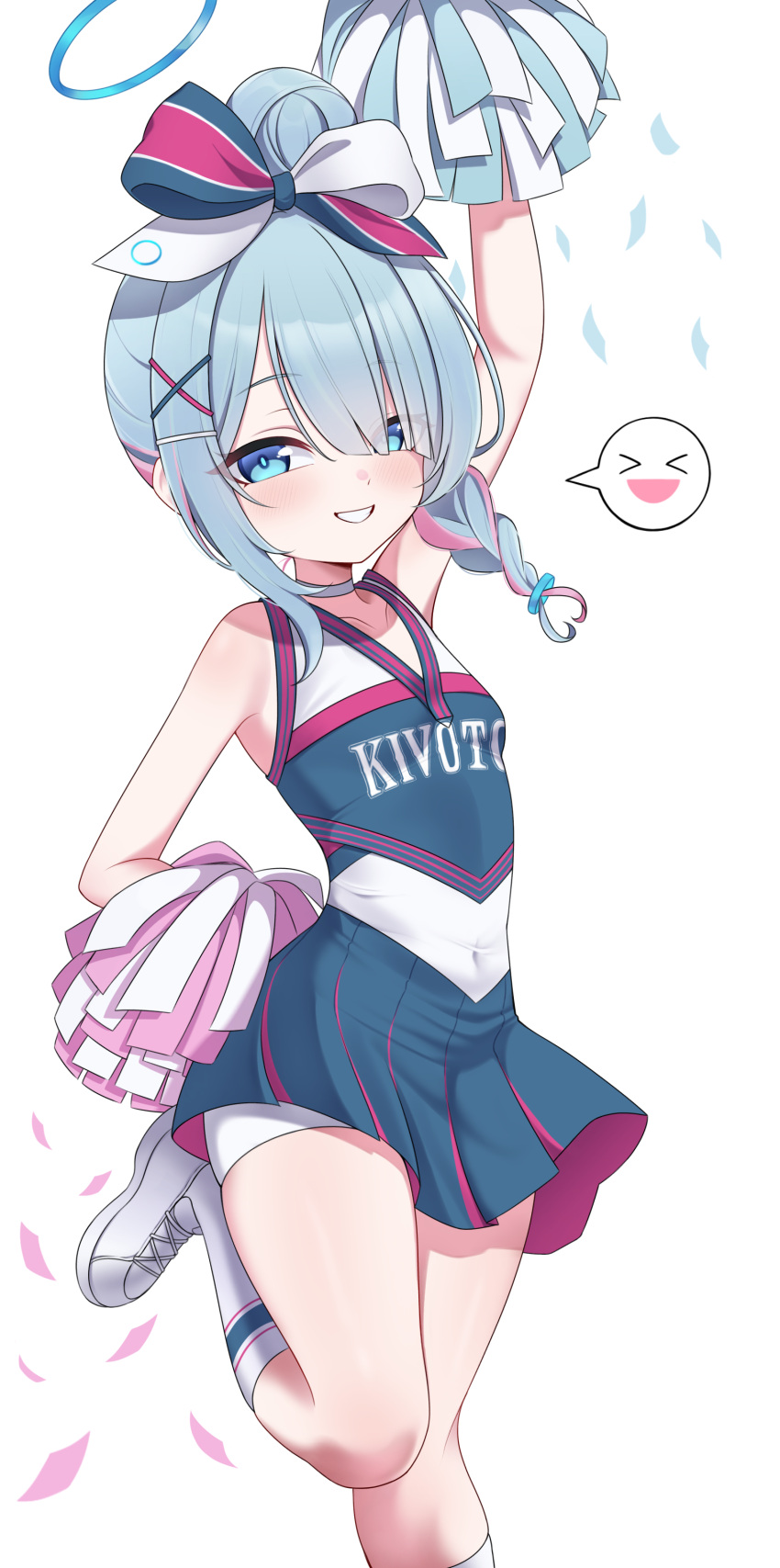 1girl absurdres aoi_ryo arona_(blue_archive) blue_archive blue_eyes blue_hair blue_halo blue_skirt blush braid cheering cheerleader foot_out_of_frame grin hair_ornament hair_over_one_eye halo highres holding holding_pom_poms looking_at_viewer official_alternate_costume pink_hair pleated_skirt pom_pom_(cheerleading) shoes short_hair simple_background single_braid skirt smile socks solo white_background white_footwear white_socks x_hair_ornament