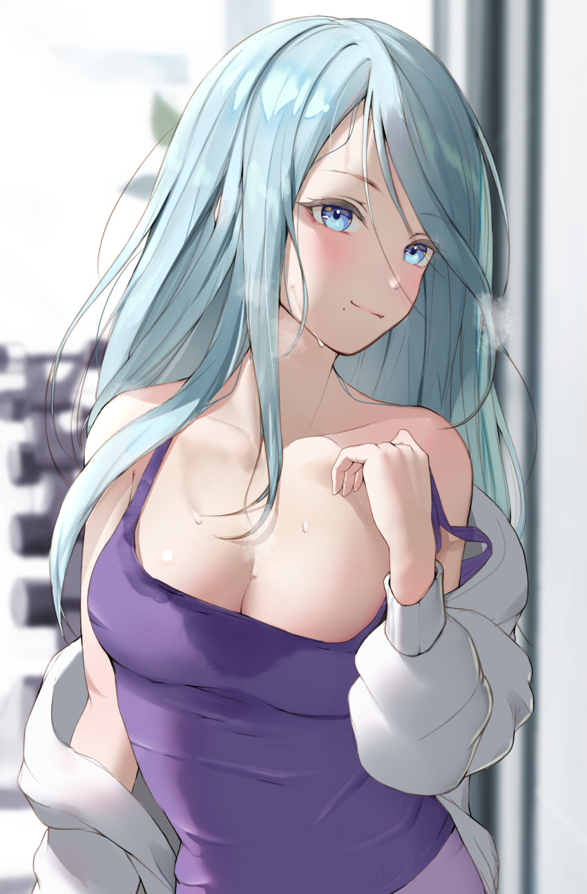 1girl absurdres blue_eyes blue_hair blush breasts breath cleavage collarbone commentary dumbbell grey_jacket highres hinomori_shizuku jacket light_blue_hair light_smile long_hair medium_breasts mole mole_under_mouth off_shoulder pants project_sekai purple_pants purple_tank_top sharc solo sweat tank_top weight_rack