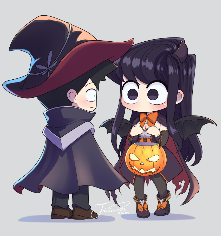1boy 1girl absurdres artist_name black_hair black_wings boots breasts brown_footwear cape chibi cleavage closed_mouth commentary dress face-to-face full_body halloween hat highres holding horns j_humbo jack-o'-lantern komi-san_wa_komyushou_desu komi_shouko loafers long_hair long_sleeves looking_at_another no_mouth no_nose pants purple_eyes purple_hair shoes signature standing swept_bangs symbol-only_commentary tadano_hitohito torn_cape torn_clothes very_long_hair wings
