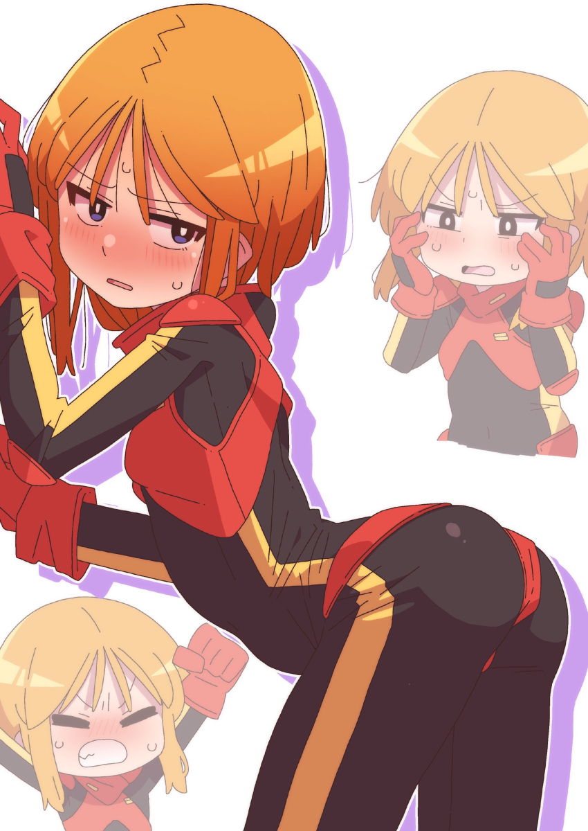 1girl absurdres ass black_bodysuit bodysuit breasts chibi chibi_inset gloves gundam gundam_zz hair_between_eyes highres multiple_persona onimaru_(onimal7802) orange_hair puru_two red_gloves short_hair short_hair_with_long_locks simple_background small_breasts white_background