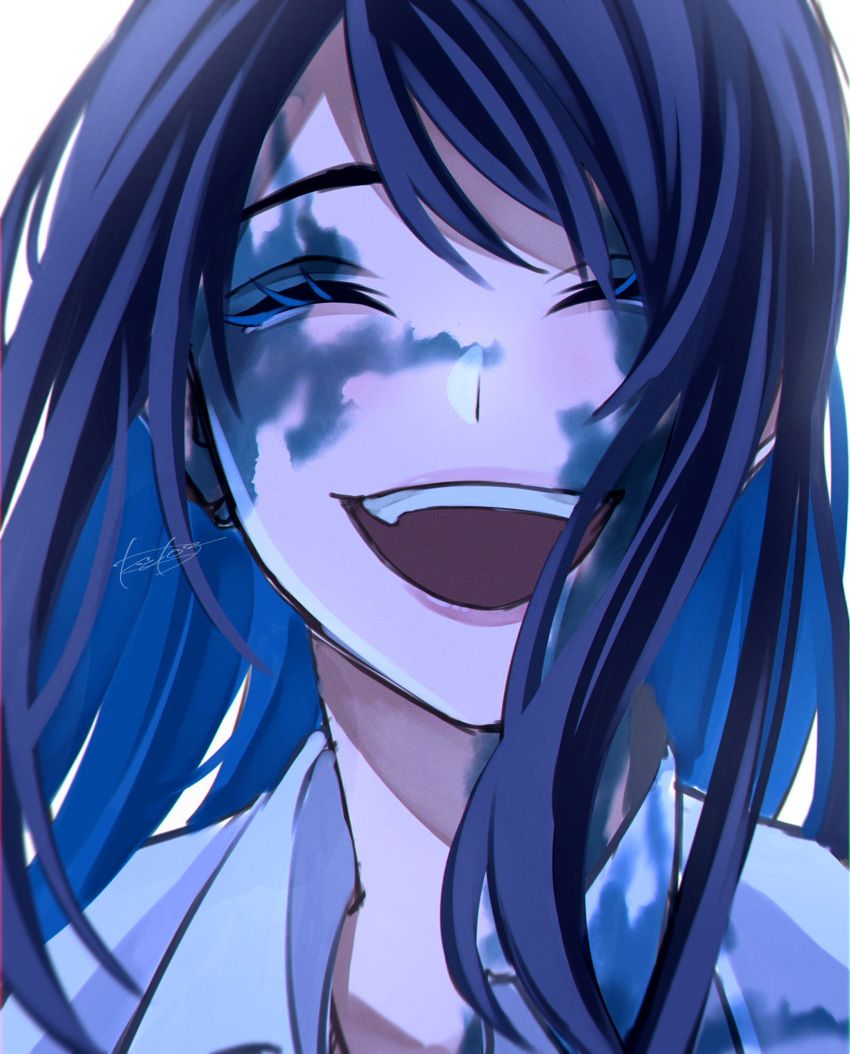 1girl ado_(utaite) blue_hair chando_(ado) closed_eyes cloud_nine_inc colored_inner_hair commentary_request highres keeko_(kk_0012) long_hair multicolored_hair no_mole open_mouth paint_splatter paint_splatter_on_face sidelocks solo teeth two-tone_hair upper_body upper_teeth_only utaite white_background wish_(ado)