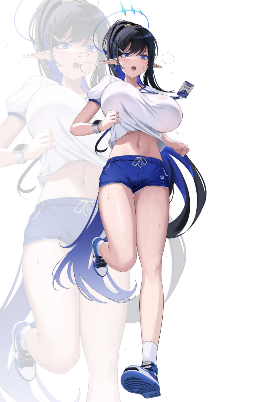 1girl absurdres bare_legs black_hair blue_archive blue_hair blue_shorts blush breasts full_body giga-tera gym_shirt gym_uniform halo highres huge_breasts long_hair looking_at_viewer multicolored_hair navel pointy_ears ponytail rin_(blue_archive) running shirt shoes short_sleeves shorts simple_background sneakers stomach two-tone_hair very_long_hair white_background white_shirt zoom_layer