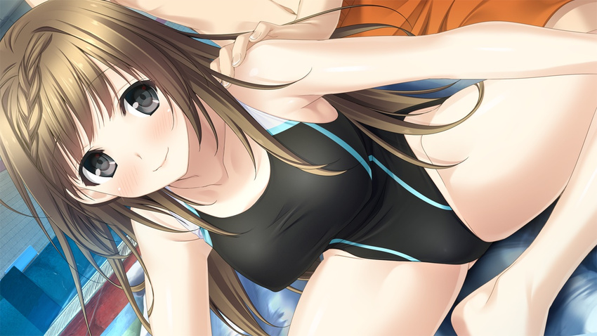 1girl barefoot black_eyes blush braid breasts brown_hair collarbone erect_nipples game_cg haru_kiss highres legs long_hair looking_back marui_(koedame) massage mikoto_akemi navel pool smile swimsuit thighs water yasumi_itsuki