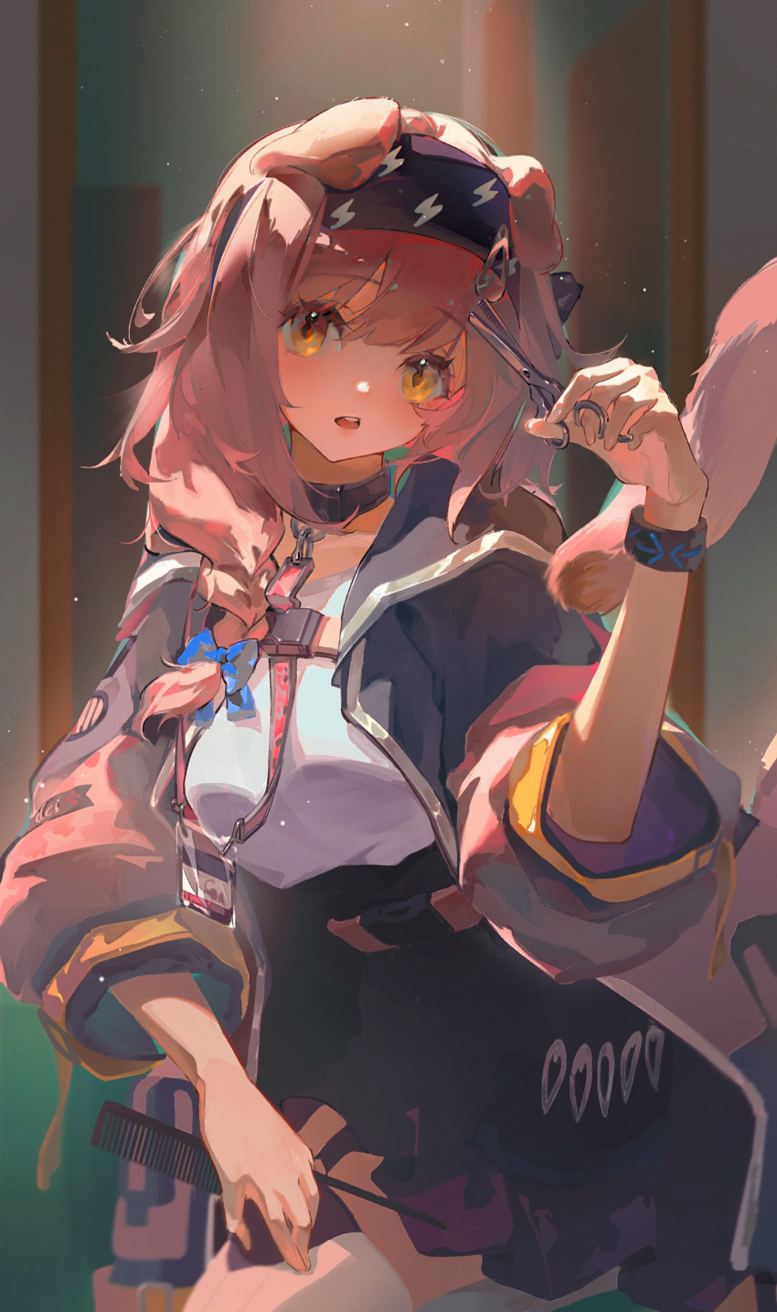 1girl animal_ears arknights black_collar black_hairband black_jacket black_skirt braid cat_ears cat_girl cat_tail collar comb floppy_ears goldenglow_(arknights) hairband highres holding holding_comb holding_scissors infection_monitor_(arknights) jacket lightning_bolt_print long_hair multicolored_clothes multicolored_jacket parted_lips pink_hair pink_jacket scissors shirt single_braid skirt solo tail thighhighs white_shirt white_thighhighs yellow_eyes yuyumu