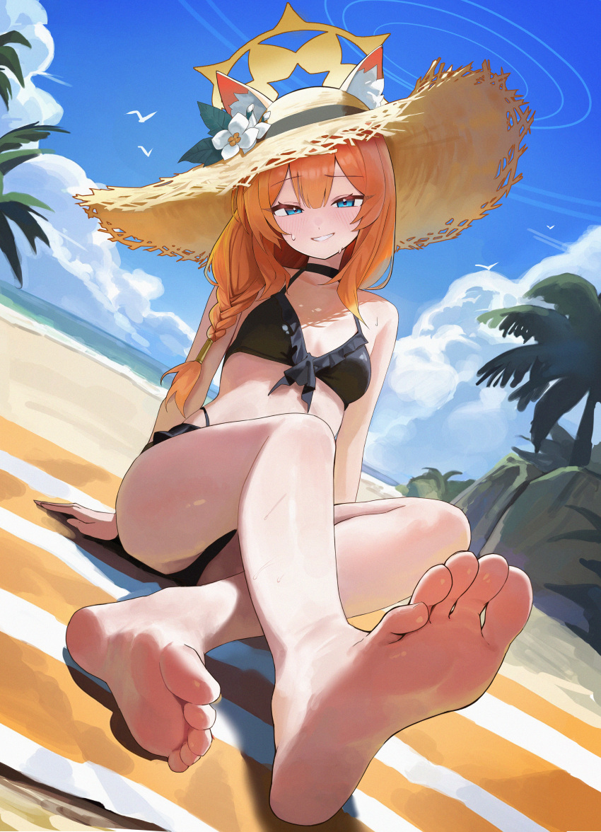 1girl absurdres animal_ear_fluff animal_ears bare_arms bare_legs bare_shoulders barefoot beach bikini black_bikini blue_archive blue_eyes blush braid breasts cat_ears collarbone day flower halo hat hat_flower highres long_hair looking_at_viewer mari_(blue_archive) navel ocean open_mouth orange_hair outdoors setakman single_braid sitting small_breasts soles solo straw_hat swimsuit toes white_flower yellow_halo