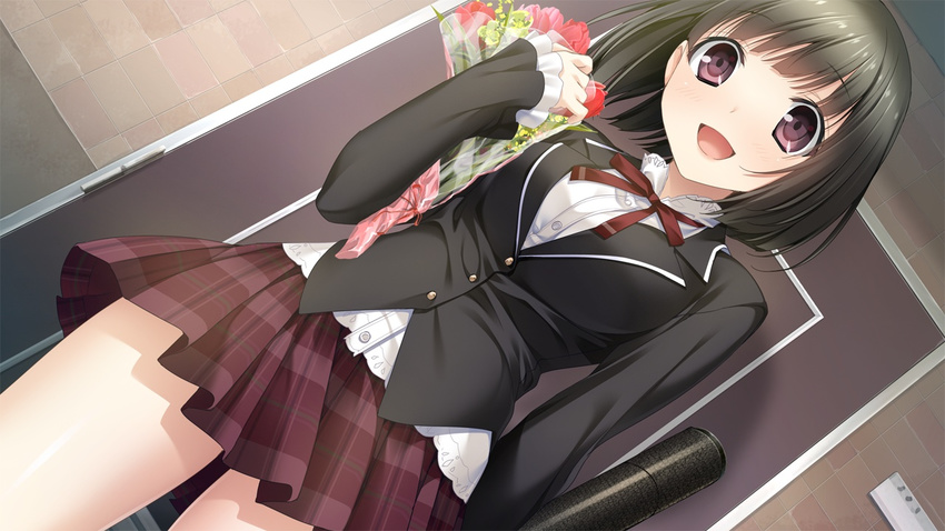 1girl black_hair blush bouquet breasts door flower game_cg happy haru_kiss highres legs looking_at_viewer marui_(koedame) mikoto_akemi open_mouth pink_eyes seto_konomi short_hair skirt small_breasts smile solo standing thighs
