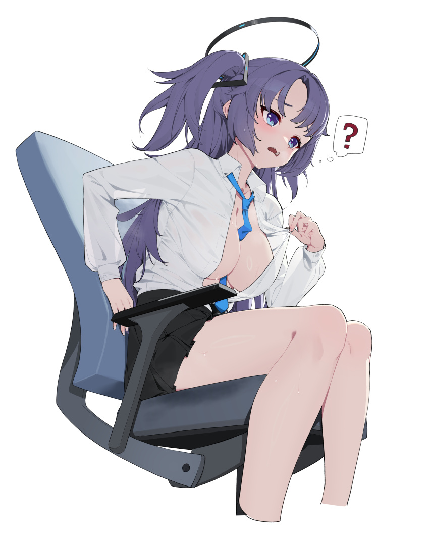 1girl ? absurdres black_skirt blue_archive blue_eyes blue_necktie blush breasts chair collared_shirt cropped_legs feet_out_of_frame halo highres large_breasts long_hair mechanical_halo necktie open_mouth pjman pleated_skirt purple_hair shirt simple_background sitting skirt solo two_side_up white_background white_shirt yuuka_(blue_archive)