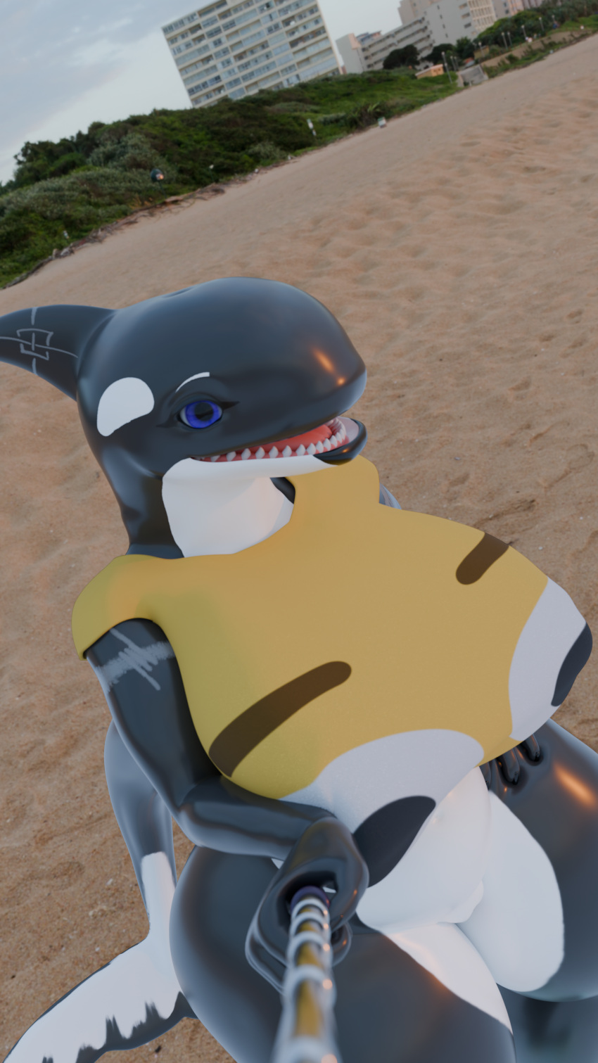 absurd_res anthro beach big_breasts bottomless breasts bulging_smiley_shirt_meme camel_toe cetacean clothed clothing dolphin female hi_res huge_breasts indane mammal marine meme meme_clothing oceanic_dolphin orca qanak scar scarification selfie selfie_stick solo toothed_whale wide_hips