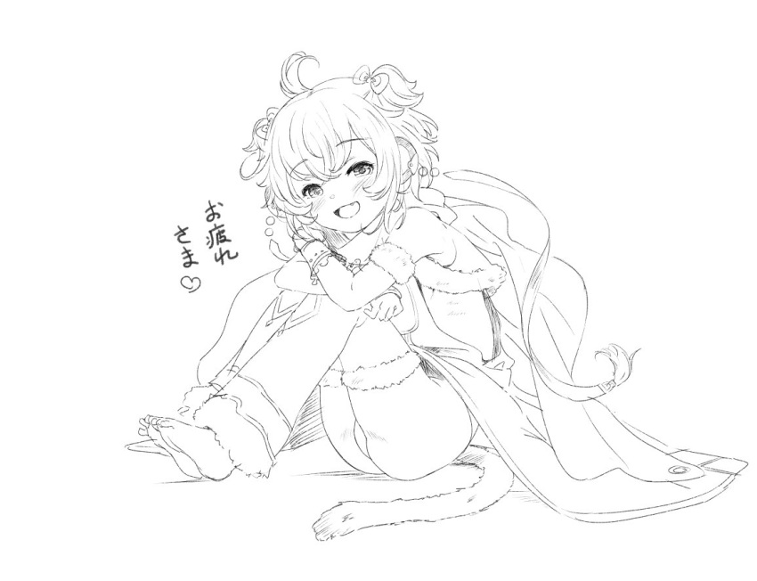 1girl ahoge andira_(granblue_fantasy) animal_ears barefoot blush erune full_body granblue_fantasy greyscale looking_at_viewer monkey_ears monkey_girl monkey_tail monochrome nekopantsu_(blt) open_mouth shawl short_hair simple_background sitting sketch smile solo tail