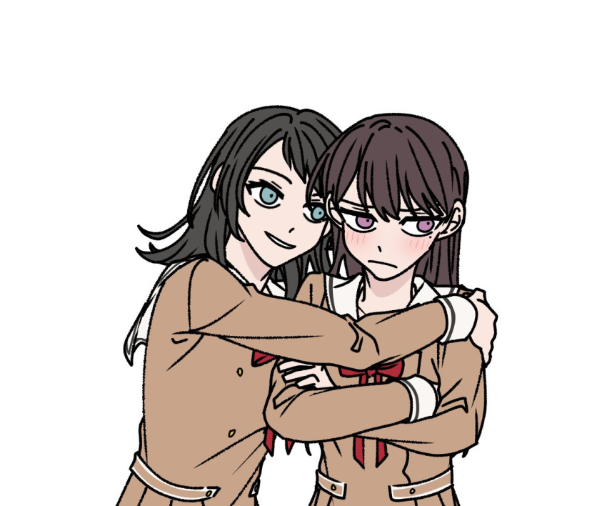 2girls a_jak arm_around_neck bang_dream! bang_dream!_it's_mygo!!!!! black_hair blue_eyes blush brown_dress brown_hair closed_mouth commentary_request crossed_arms dress embarrassed hanasakigawa_school_uniform hand_on_another's_arm hug korean_commentary long_hair long_sleeves mole mole_under_eye multiple_girls parted_lips purple_eyes sailor_collar school_uniform shiina_taki simple_background smile white_background white_sailor_collar yahata_umiri