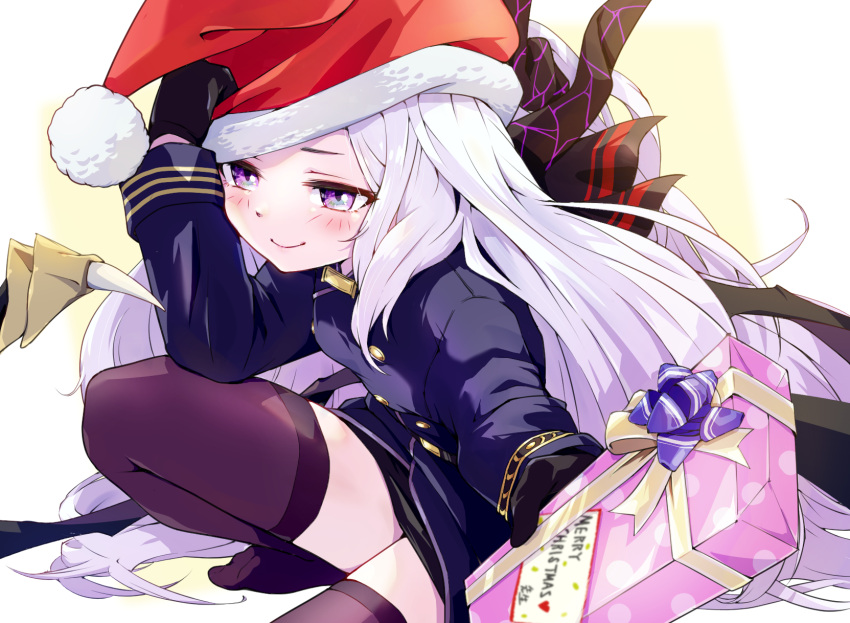 1girl black_gloves black_jacket black_skirt black_thighhighs blue_archive blush box breasts closed_mouth gift gift_box gloves hat highres hina_(blue_archive) holding holding_gift jacket long_hair long_sleeves mosuke1221 pom_pom_(clothes) purple_eyes red_hat santa_hat skirt small_breasts solo thighhighs white_hair