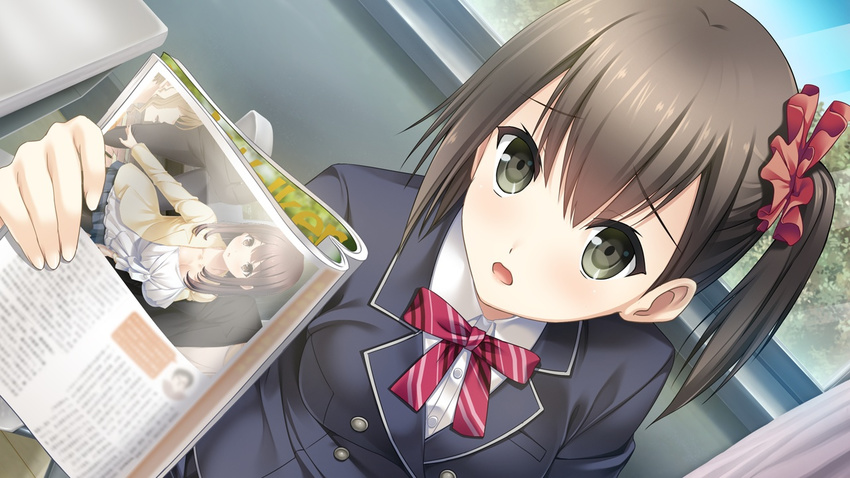 1girl black_eyes black_hair blush bow bowtie breasts chair classroom curtains desk fuyuki_shinobu game_cg haru_kiss highres looking_at_viewer magazine mikoto_akemi open_mouth school_uniform side_ponytail sitting small_breasts solo window