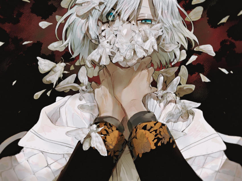 1other androgynous black_background blood blue_eyes bug commentary_request covered_mouth cracked_skin disembodied_limb highres long_sleeves looking_at_viewer minai_mosa moth original short_hair solo strangling uneven_eyes upper_body white_hair
