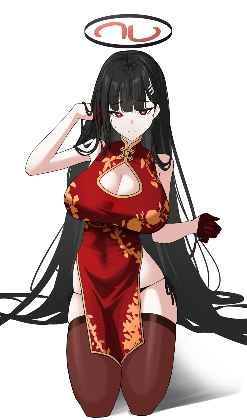 1girl absurdres black_hair black_panties blue_archive breasts brown_thighhighs china_dress chinese_clothes cleavage closed_mouth dori_(choejeongmin7) dress embarrassed gloves hair_ornament hairpin halo highres large_breasts long_hair looking_at_viewer panties red_dress red_eyes red_gloves rio_(blue_archive) simple_background sleeveless sleeveless_dress solo thighhighs underwear white_background