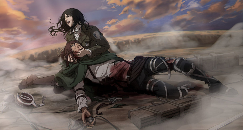 1girl 1other alternate_universe brown_eyes brown_hair couple crying death full_body glasses hange_zoe highres long_hair lying mourning on_back open_mouth paradis_military_uniform pieck_finger ponytail sad second-party_source shingeki_no_kyojin smile spoilers valmendy