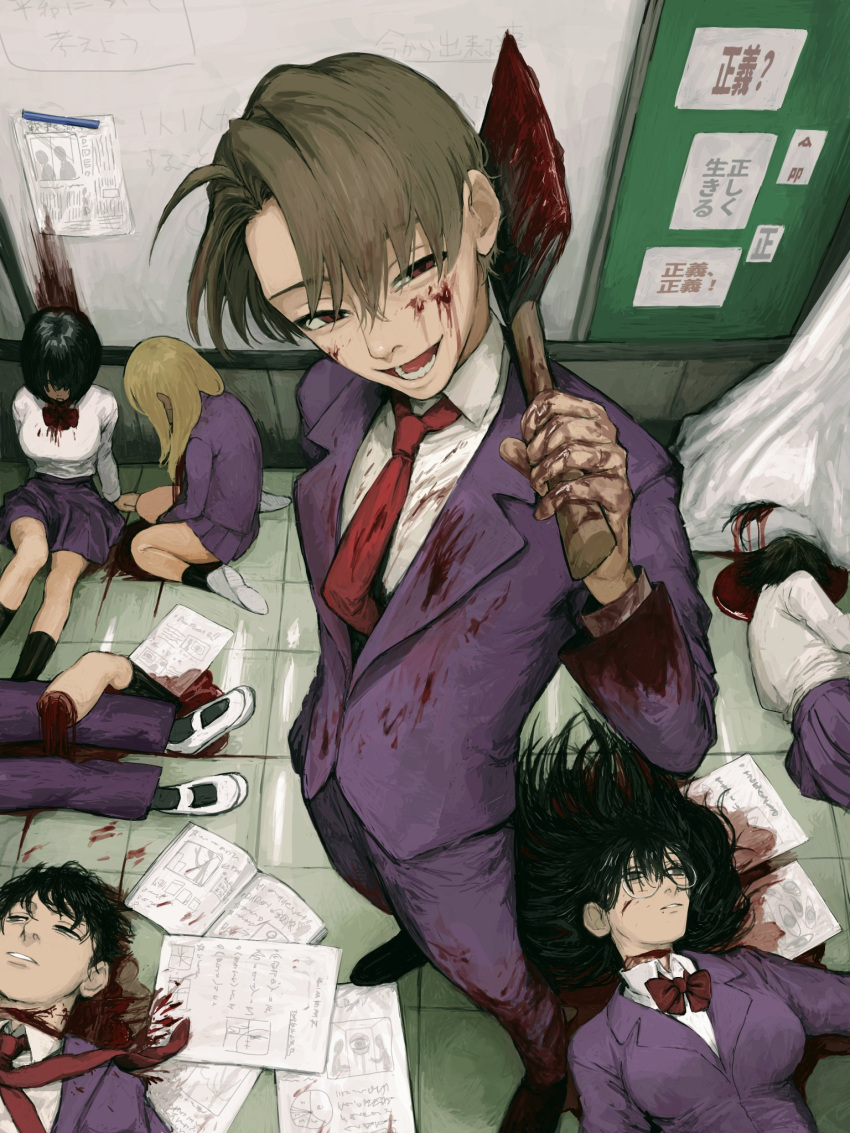 axe black_hair blood blood_on_clothes blood_on_face blood_on_hands blood_on_weapon book brown_hair collared_shirt corpse from_above full_body gakudayo guro hallway hand_in_pocket highres holding holding_axe horror_(theme) jacket looking_at_viewer lying male_focus multiple_others necktie on_floor original over_shoulder parted_bangs purple_jacket red_eyes red_necktie school school_uniform shirt short_hair smirk standing weapon weapon_over_shoulder white_shirt