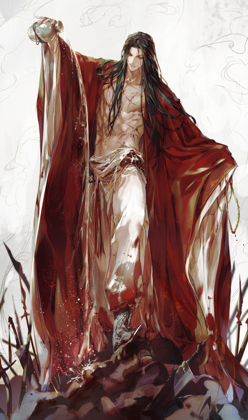 1boy absurdres black_hair blood blood_on_chest blood_on_clothes blood_on_face blood_on_shoes bottle chinese_clothes coat corpse full_body green_eyes haban_(haban35) highres holding holding_bottle jang_il_so_(return_of_the_mount_hua_sect) long_hair looking_down male_focus open_clothes open_coat pants parted_lips red_coat return_of_the_mount_hua_sect scar scar_on_chest scar_on_stomach simple_background smirk spilling teeth upper_teeth_only very_long_sleeves white_pants