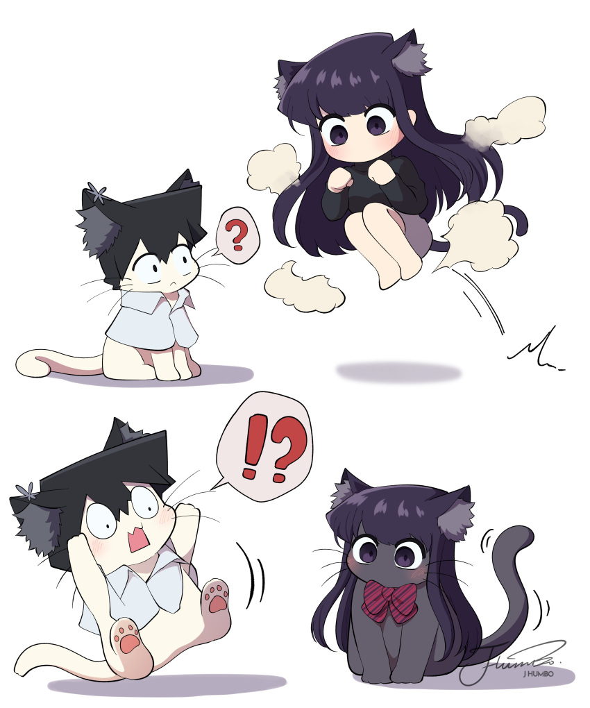 ! 1boy 1girl ? absurdres animal_ear_fluff animal_ears animalization artist_name black_hair black_sweater cat chibi closed_mouth commentary highres j_humbo komi-san_wa_komyushou_desu komi_shouko long_sleeves looking_at_another motion_lines no_mouth no_nose open_mouth purple_eyes purple_hair shirt signature spoken_exclamation_mark spoken_question_mark sweater symbol-only_commentary tadano_hitohito white_shirt