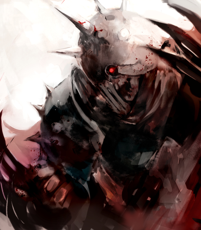 1boy armor blood blood_on_armor ender_lilies_quietus_of_the_knights glowing glowing_eyes highres kakuwashi long_hair male_focus open_mouth red_eyes red_hair sketch solo spiked_helmet spiked_pauldrons ulv_the_mad_knight upper_body
