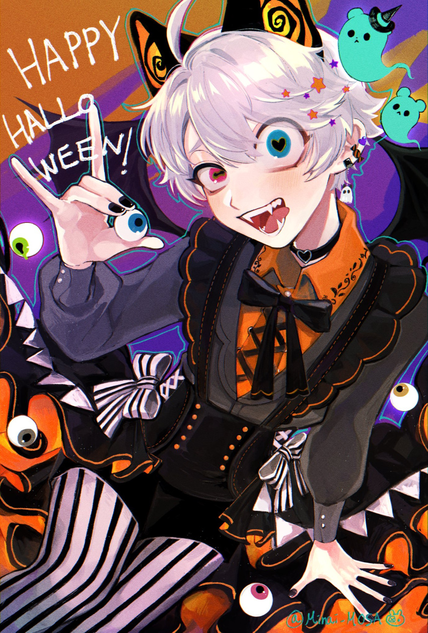 1boy animal_ears artist_name black_choker black_nails black_ribbon blue_eyes choker collared_shirt commentary ear_piercing eyeball fangs fox_shadow_puppet ghost grey_thighhighs hair_between_eyes halloween hand_up happy_halloween heart heart-shaped_pupils heart_choker highres holding_eyeball horizontal_pupils long_sleeves looking_at_viewer maddy_(minai_mosa) male_focus minai_mosa mismatched_pupils multicolored_background neck_ribbon open_mouth orange_shirt original piercing pink_eyes puffy_long_sleeves puffy_sleeves purple_background ribbon shirt short_hair sitting solo star_(symbol) striped_clothes striped_thighhighs symbol-only_commentary symbol-shaped_pupils thighhighs tongue tongue_out twitter_username white_hair