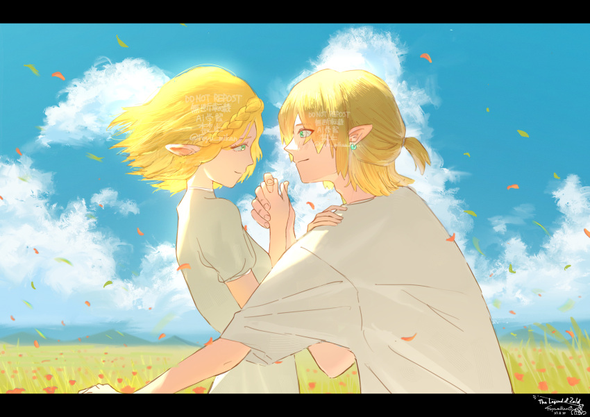 1boy 1girl absurdres artist_name blonde_hair blue_sky braid breasts casual closed_mouth cloud commentary_request copyright_name crown_braid dated day earrings english_text falling_petals flower from_side fuyu_mikan grass hair_tie hand_on_another's_shoulder hand_up happy highres holding_hands jewelry letterboxed link outdoors petals pointy_ears ponytail princess_zelda profile red_flower shirt short_hair short_sleeves sidelocks signature sky small_breasts smile standing the_legend_of_zelda the_legend_of_zelda:_tears_of_the_kingdom upper_body watermark white_shirt