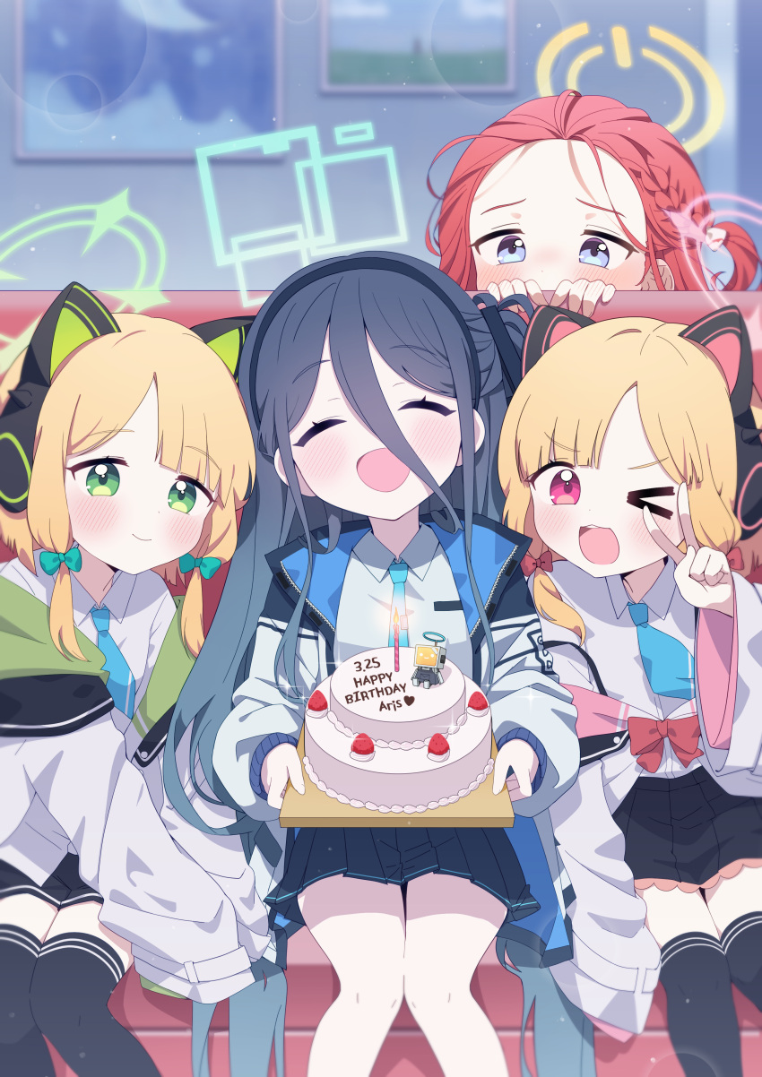 &lt;key&gt;_(robot)_(blue_archive) 4girls absurdly_long_hair absurdres animal_ear_headphones animal_ears aris_(blue_archive) black_hair black_hairband blonde_hair blue_archive blue_eyes blue_necktie bow cake closed_eyes collared_shirt commentary facing_viewer fake_animal_ears food game_development_department_(blue_archive) green_bow green_eyes green_halo hair_bow hairband halo headphones highres hyemong indoors jacket long_hair long_sleeves looking_at_viewer midori_(blue_archive) momoi_(blue_archive) multiple_girls necktie one_eye_closed one_side_up open_clothes open_jacket open_mouth pink_halo red_bow red_eyes red_hair shirt short_hair siblings sisters sitting smile symbol-only_commentary twins v very_long_hair white_jacket white_shirt yellow_halo yuzu_(blue_archive)