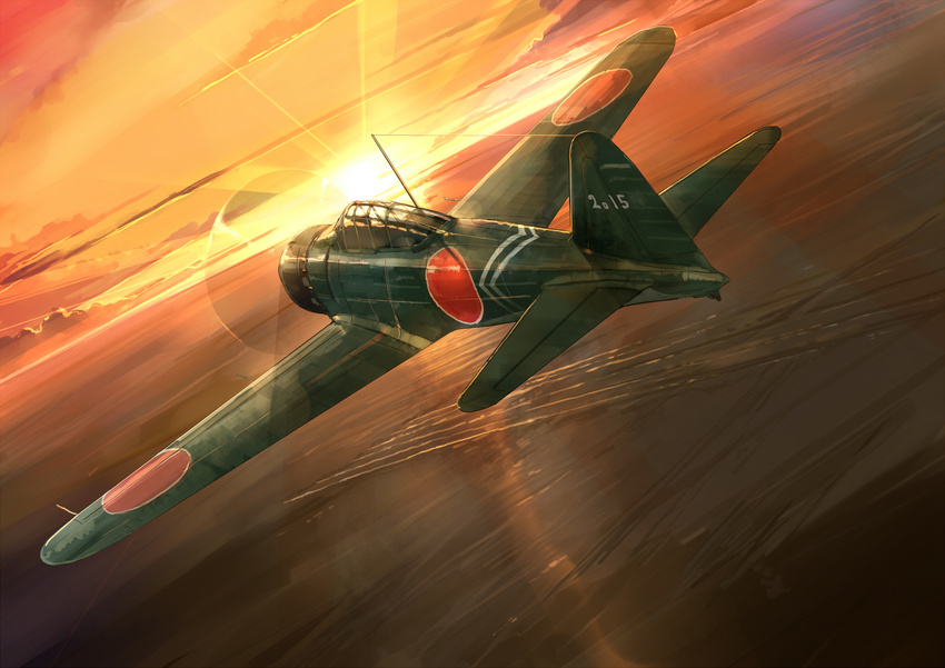 aircraft airplane akasaai cloud dusk highres imperial_japanese_navy light_rays military no_humans ocean original sky sun sunbeam sunlight sunset world_war_ii