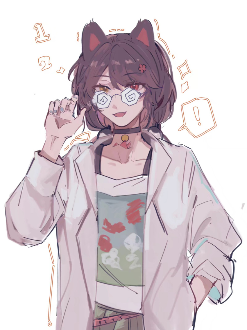 ! 1girl animal_ears black_choker blue_nails brown_hair chinese_commentary choker coat coke-bottle_glasses collarbone commentary_request dog_ears glasses hand_in_pocket hand_up heterochromia highres inui_toko lab_coat lingyi long_hair nijisanji open_mouth red_eyes shirt smile solo spoken_exclamation_mark twintails upper_body virtual_youtuber white_coat white_shirt yellow_eyes